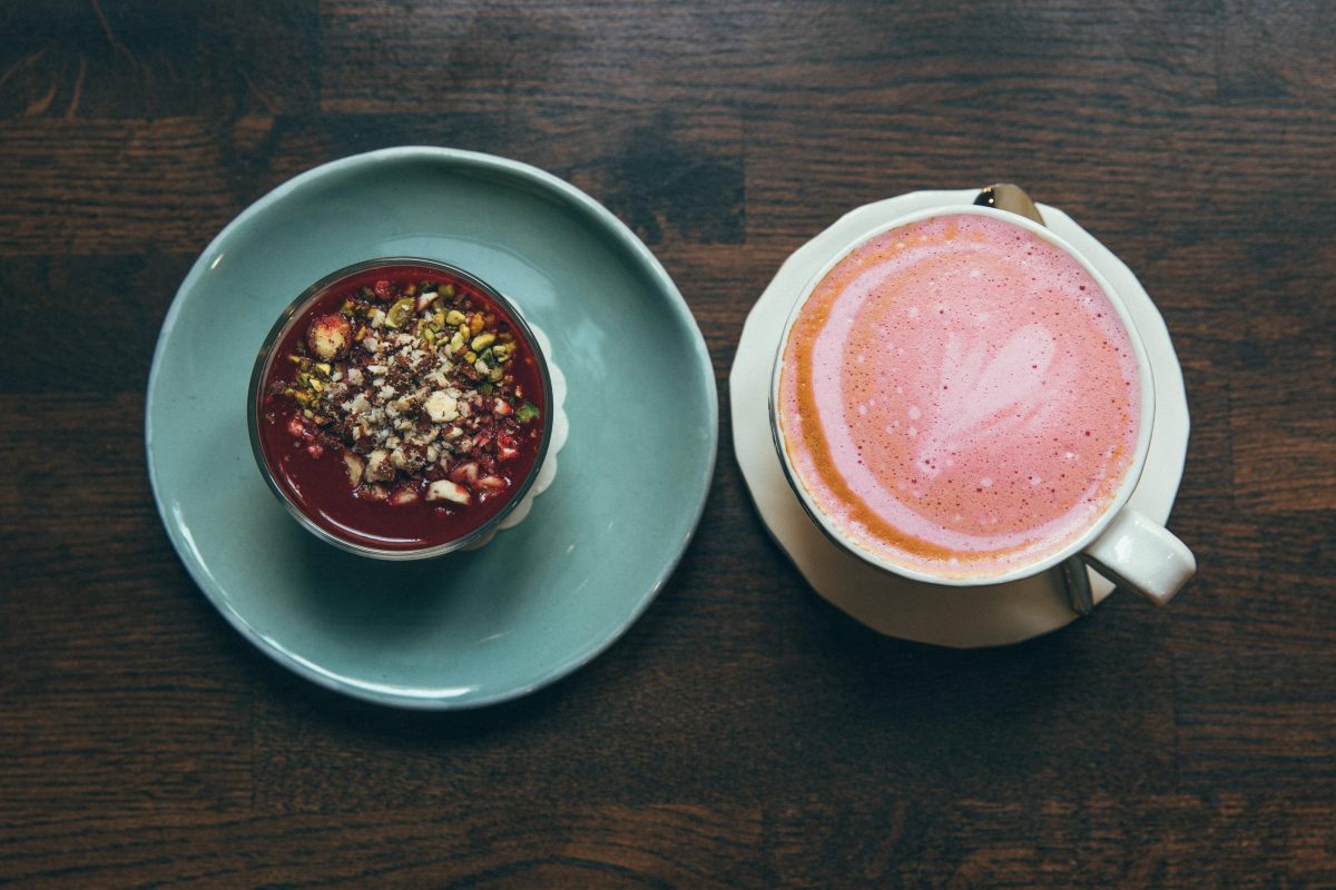 Beetroot latte and a healthy dessert served at a restaurant in Vilnius