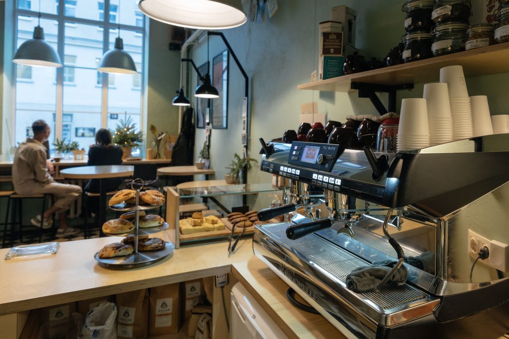 Behind the counter at a cafe in Vilnius